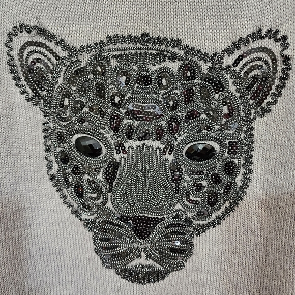 H & M jeweled sequin sparkly cat front gray knit sweater woman's size large - Picture 6 of 8